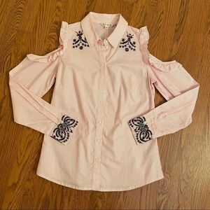 Nanette Lepore Striped Cold Shoulder Ruffle Shirt